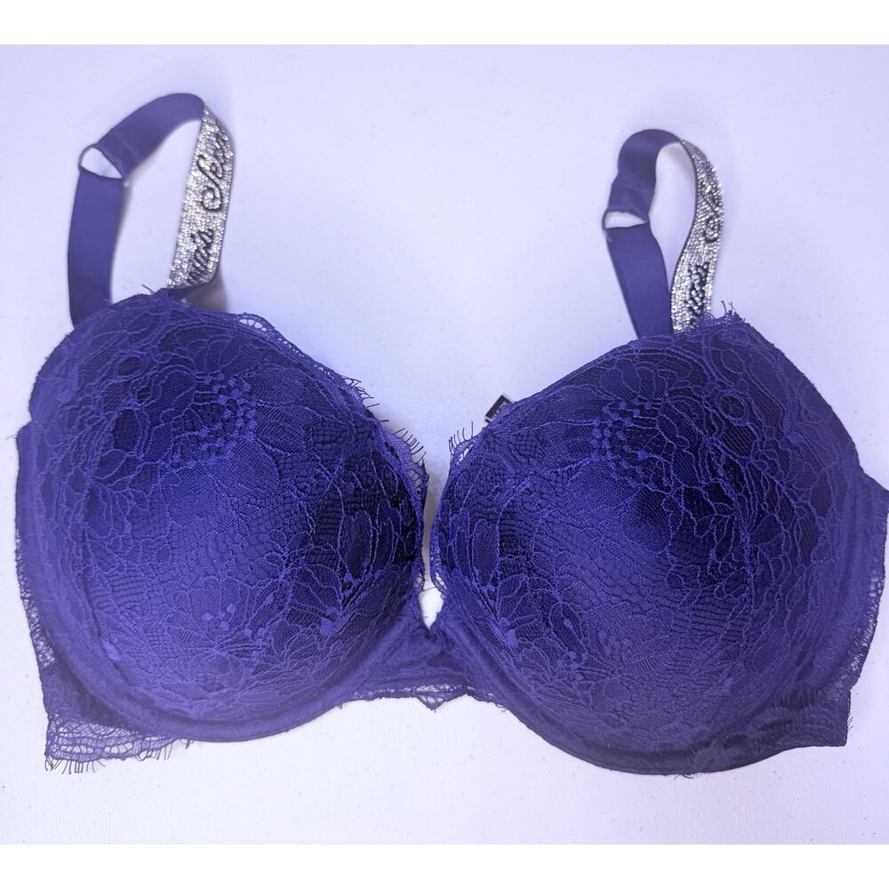 Victoria's Secret Very Sexy Push-Up Shine Strap Rhinestone Blue Lace Bra 34DDD